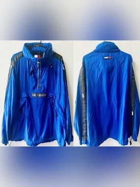 Vintage Tommy Hilfiger Anorak Jacket Blue Outdoor Hidden Hood 1/4 Zip Mens L